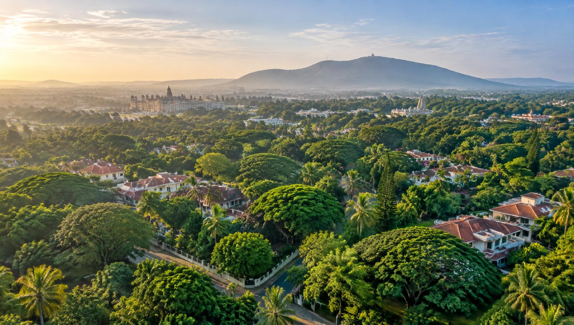 Aerial view of Mysuru's green neighbourhoods with Chamundi Hills on the horizon